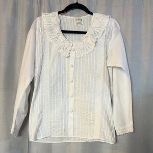 Vintage White Lace Crochet Collar Button Front Blouse Medium